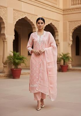 Peach Embroidery Chanderi Kurta Set