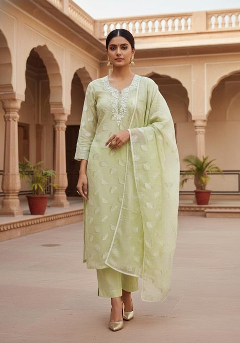 Green Embroidery Chanderi Kurta Set