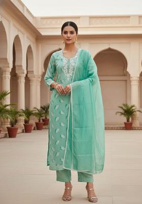Blue Embroidery Chanderi Kurta Set