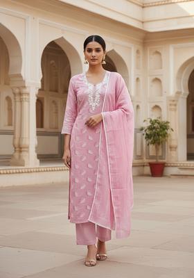 Pink Embroidery Chanderi Kurta Set