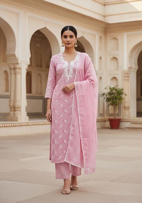 Pink Embroidery Chanderi Kurta Set