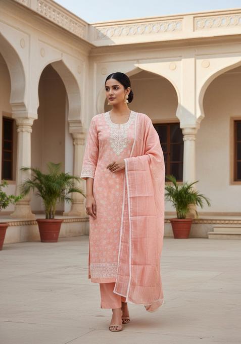 Peach Embroidery Chanderi Kurta Set