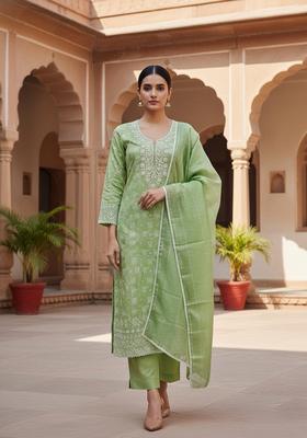 Pink Embroidery Chanderi Kurta Set