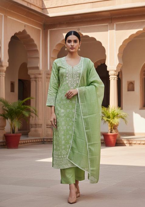 Pink Embroidery Chanderi Kurta Set