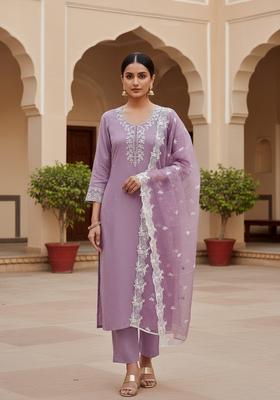 Lavender Embroidery Chanderi Kurta Set