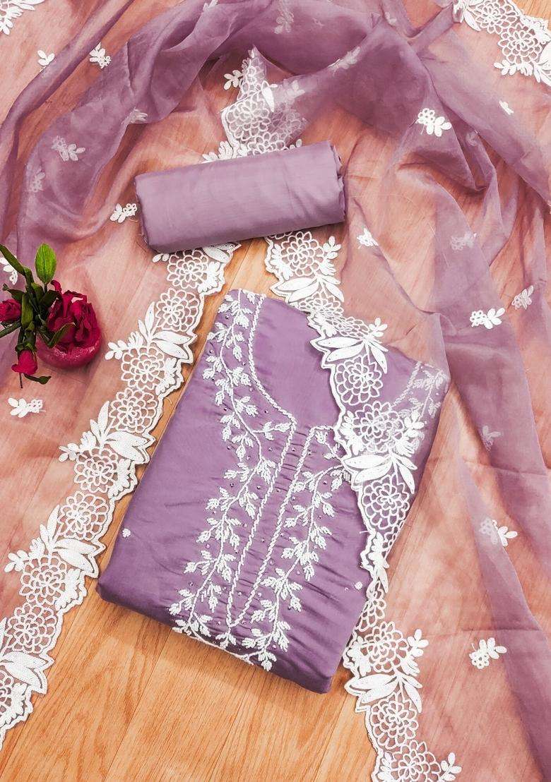 Lavender Embroidery Chanderi Kurta Set - Indya