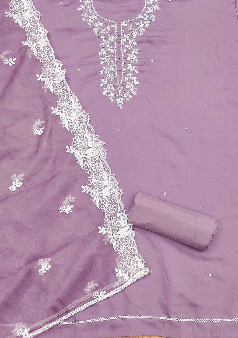 Lavender Embroidery Chanderi Kurta Set - Indya