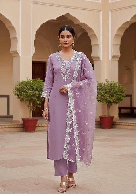 Lavender Embroidery Chanderi Kurta Set