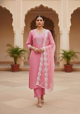 Pink Embroidery Chanderi Kurta Set