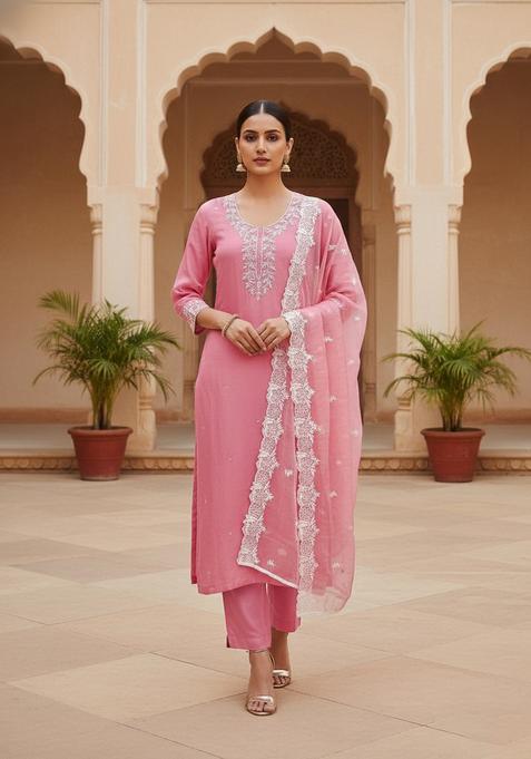 Pink Embroidery Chanderi Kurta Set