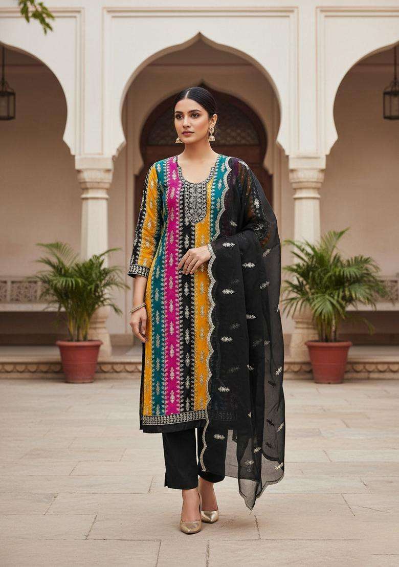 Black Embroidery Georgette Kurta Set - Indya