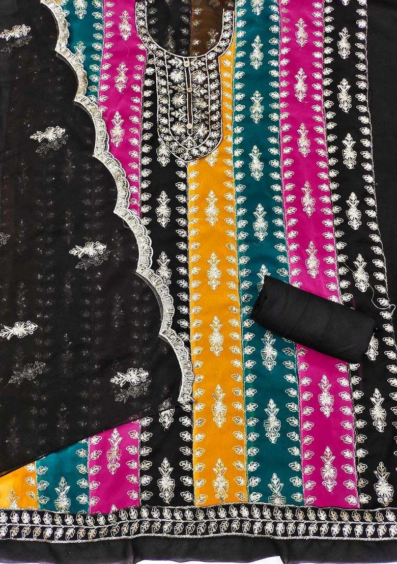 Black Embroidery Georgette Kurta Set - Indya