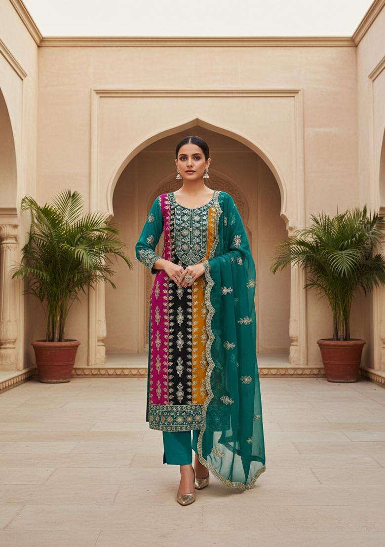 Teal Embroidery Georgette Kurta Set - Indya