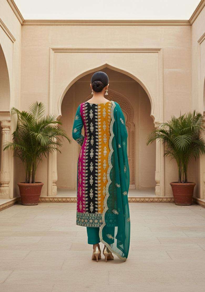 Teal Embroidery Georgette Kurta Set - Indya
