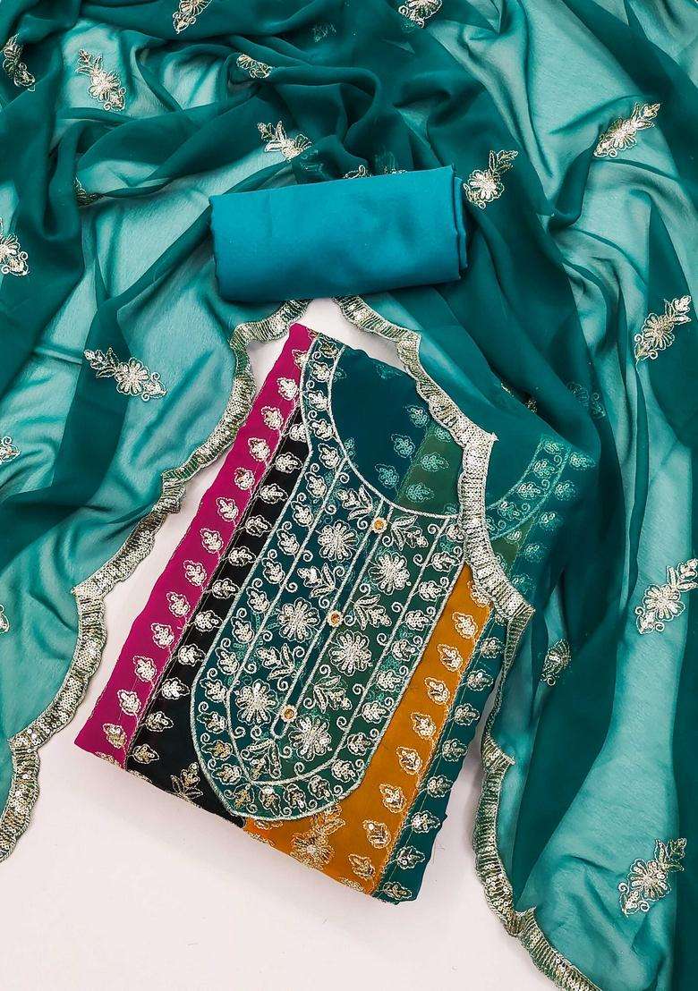 Teal Embroidery Georgette Kurta Set - Indya
