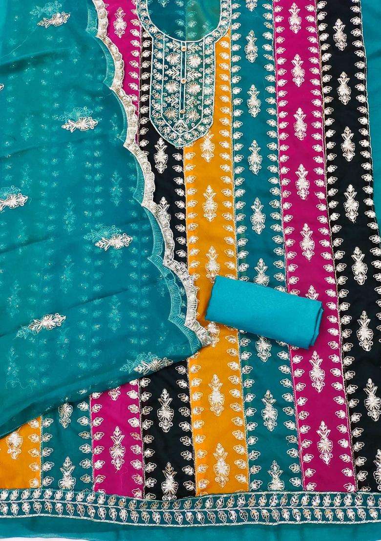 Teal Embroidery Georgette Kurta Set - Indya