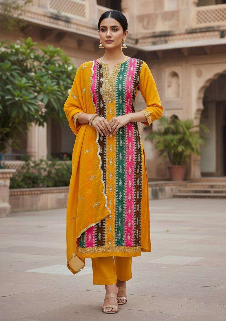 Yellow Embroidery Georgette Kurta Set - Indya