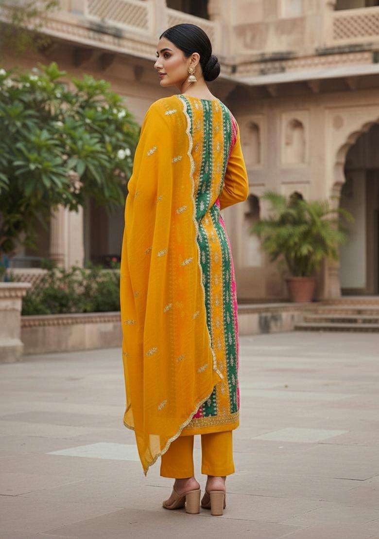 Yellow Embroidery Georgette Kurta Set - Indya