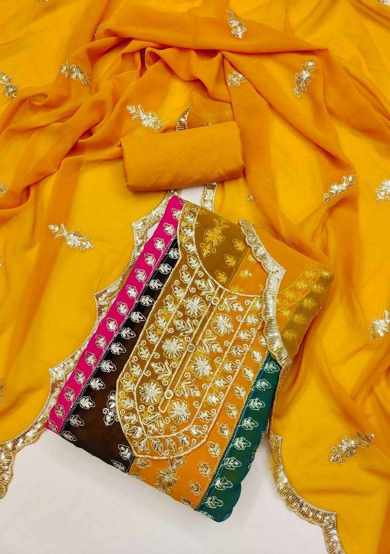 Yellow Embroidery Georgette Kurta Set - Indya