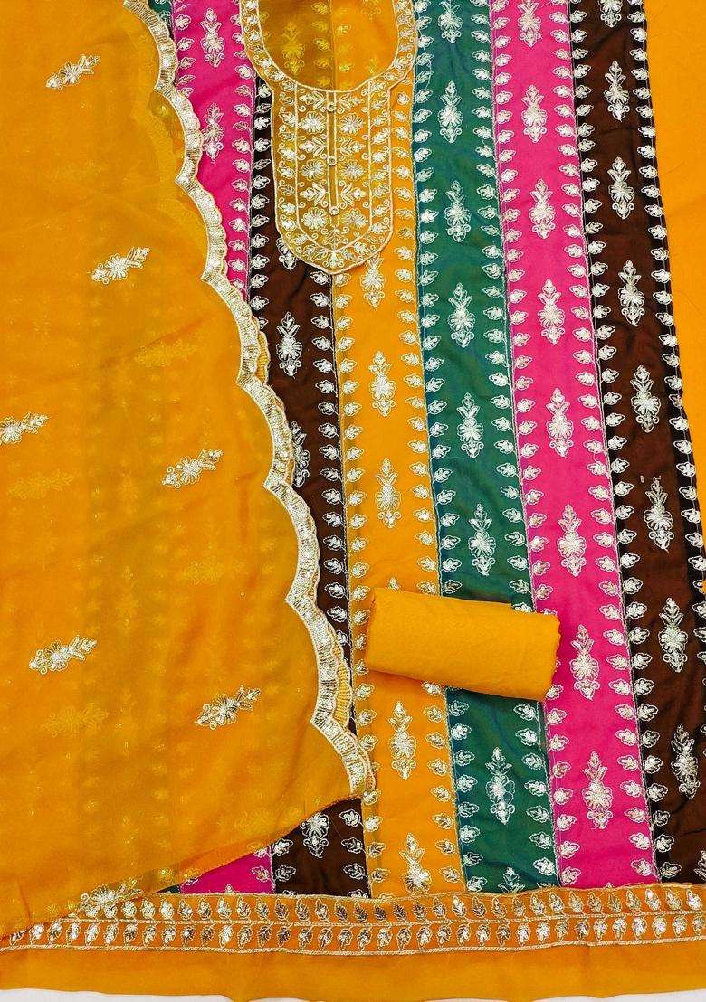 Yellow Embroidery Georgette Kurta Set - Indya
