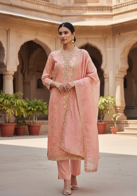 Peach Embroidery Banarasi Kurta Set