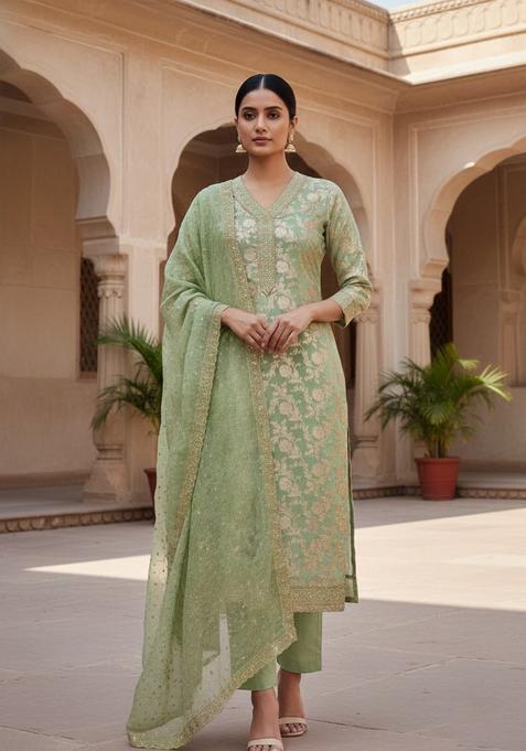 Green Embroidery Banarasi Kurta Set
