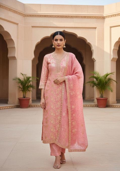 Pink Embroidery Banarasi Kurta Set