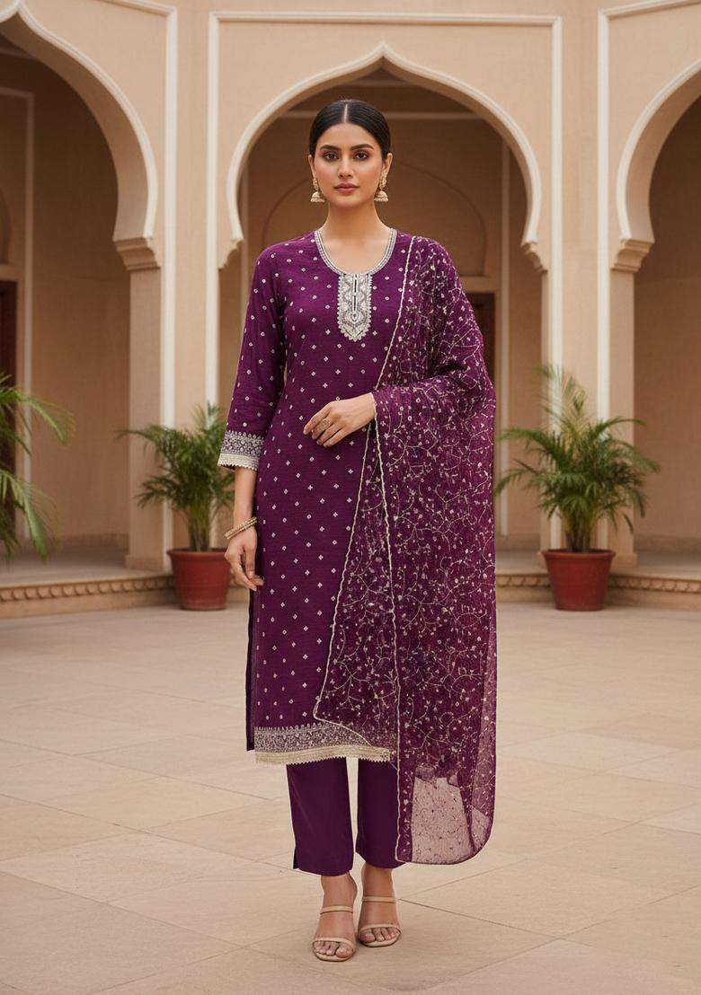 Purple Embroidery Georgette Kurta Set - Indya