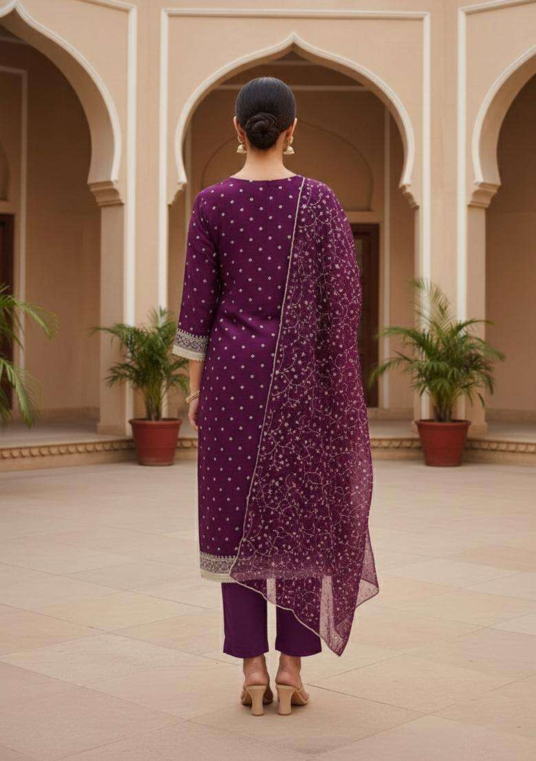 Purple Embroidery Georgette Kurta Set - Indya
