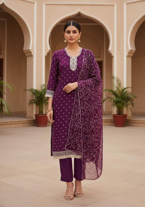 Purple Embroidery Georgette Kurta Set