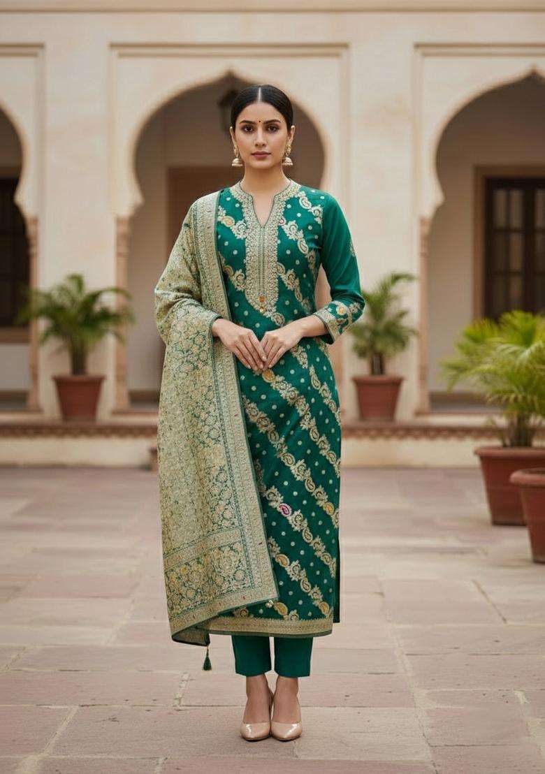Teal Embroidery Organza Kurta Set - Indya