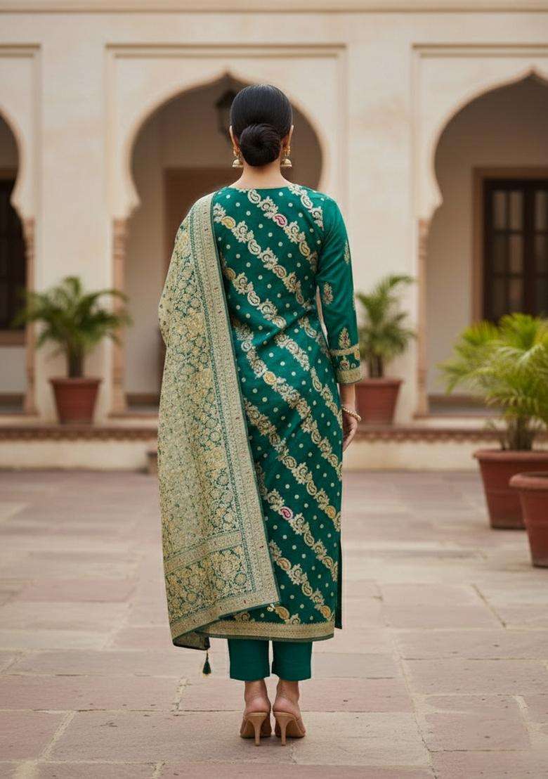 Teal Embroidery Organza Kurta Set - Indya