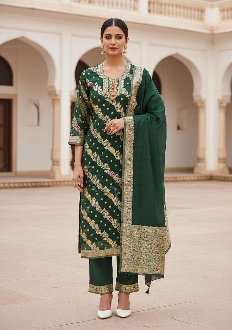 Green Embroidery Organza Kurta Set - Indya