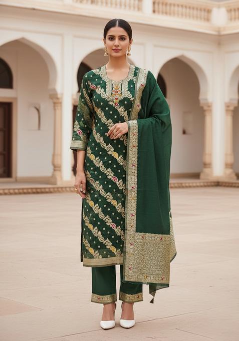 Green Embroidery Organza Kurta Set