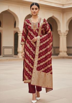 Maroon Embroidery Organza Kurta Set