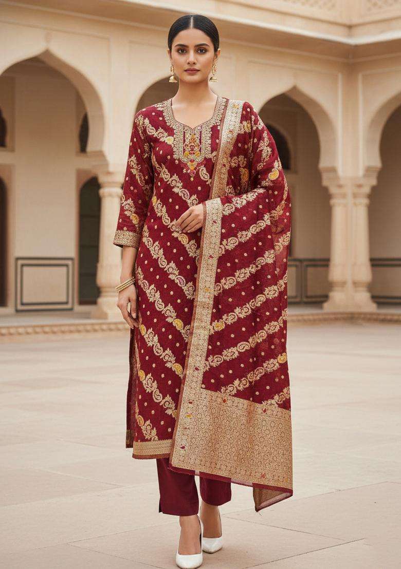 Maroon Embroidery Organza Kurta Set - Indya