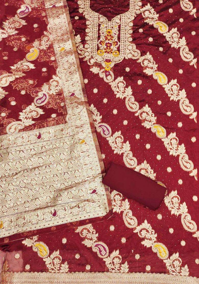 Maroon Embroidery Organza Kurta Set - Indya