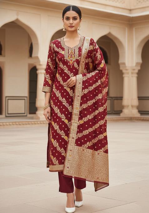 Maroon Embroidery Organza Kurta Set