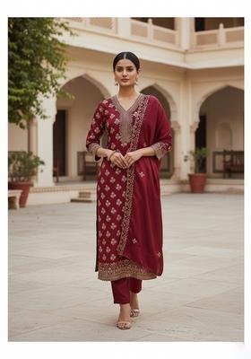Maroon Embroidery Cotton Kurta Set