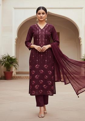 Purple Embroidery Cotton Kurta Set