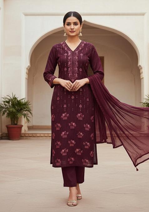Purple Embroidery Cotton Kurta Set
