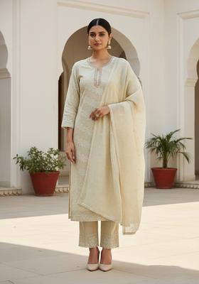 White Embroidery Chanderi Kurta Set