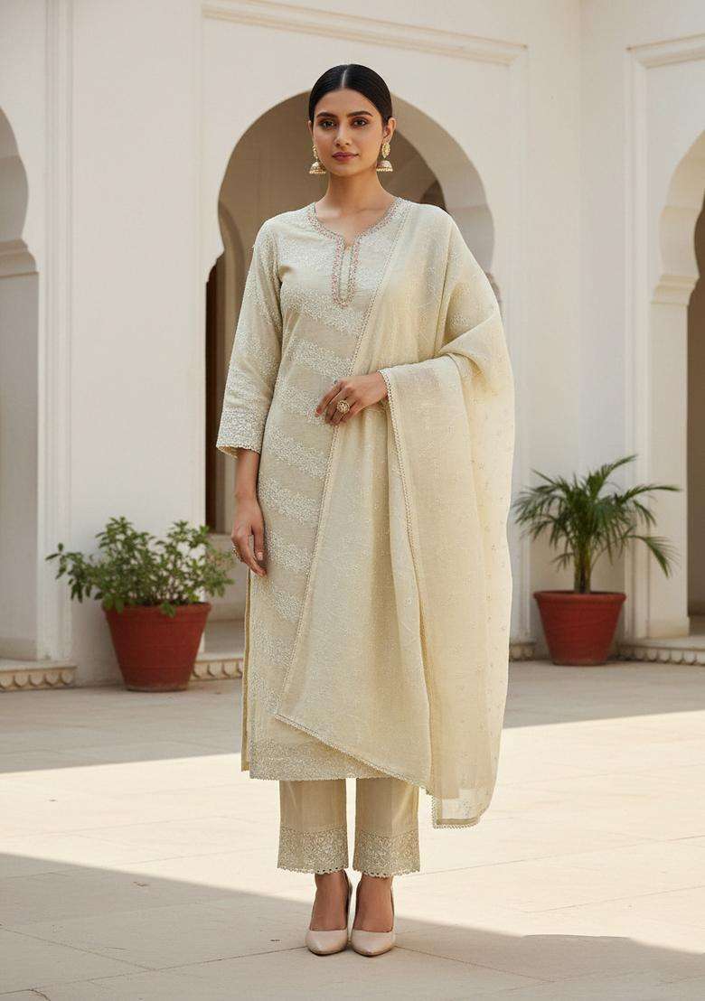 White Embroidery Chanderi Kurta Set - Indya