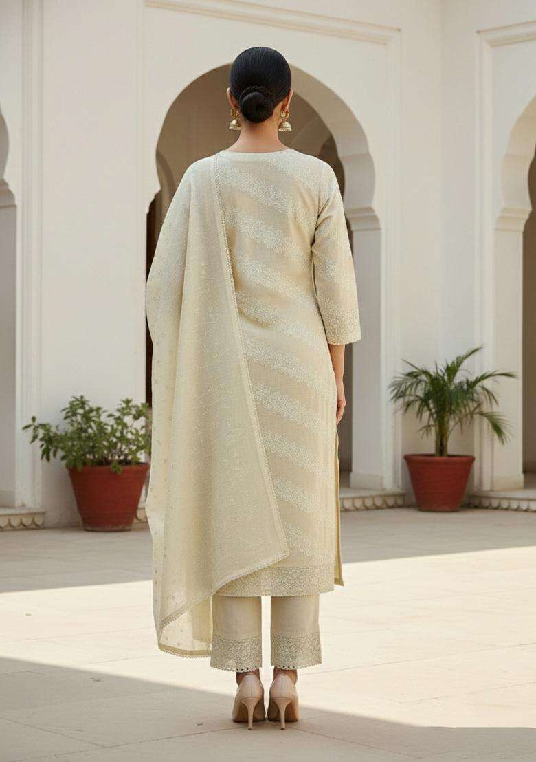 White Embroidery Chanderi Kurta Set - Indya