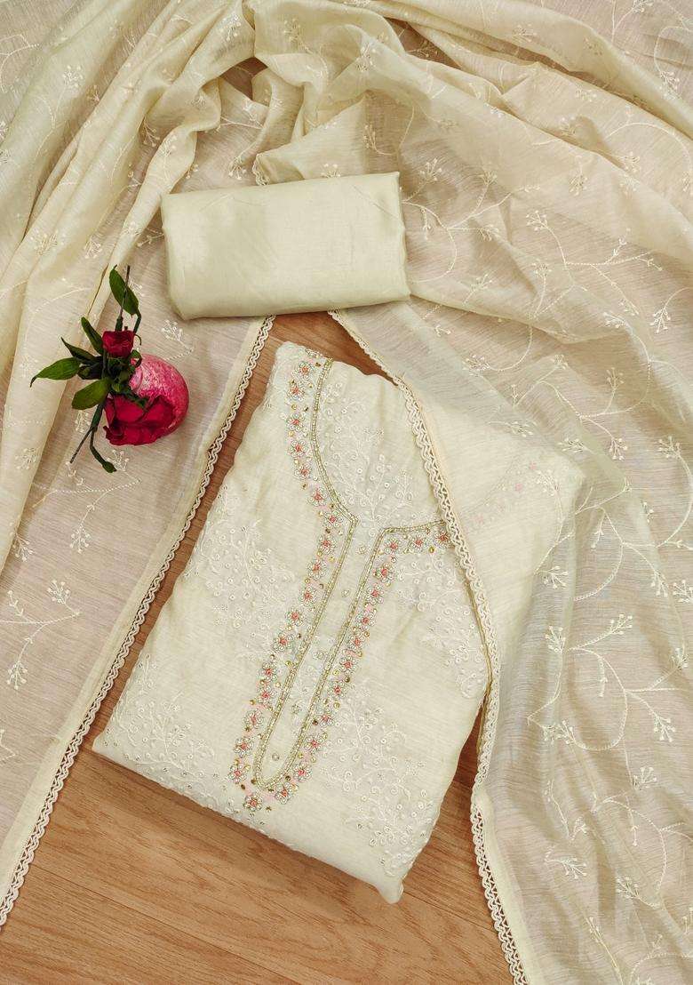 White Embroidery Chanderi Kurta Set - Indya