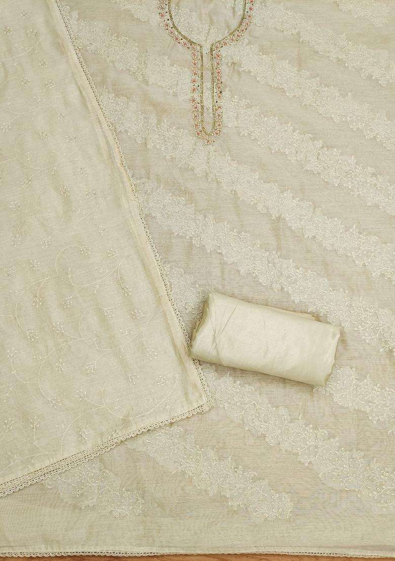 White Embroidery Chanderi Kurta Set - Indya