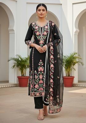 Black Embroidery Cotton Kurta Set