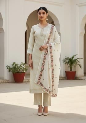 White Embroidery Cotton Kurta Set
