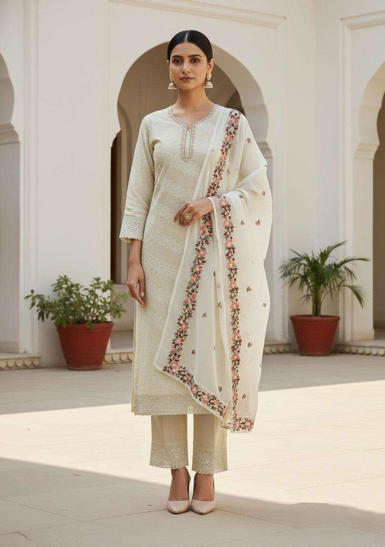 White Embroidery Cotton Kurta Set - Indya
