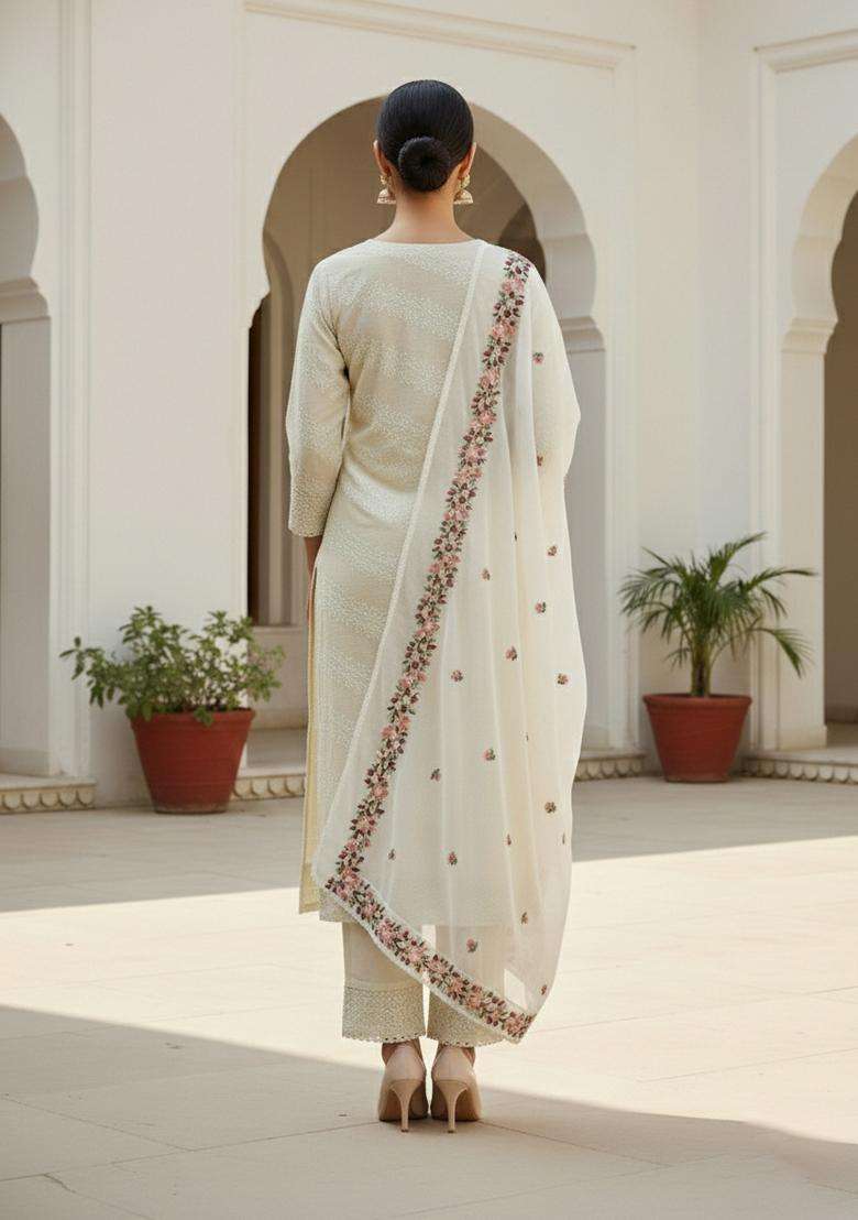 White Embroidery Cotton Kurta Set - Indya